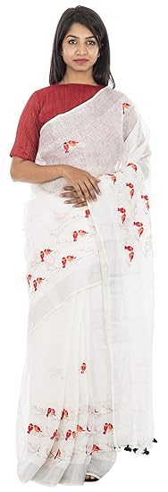 Womens Linen Embroidery Saree with Blouse Piece (White and Red)