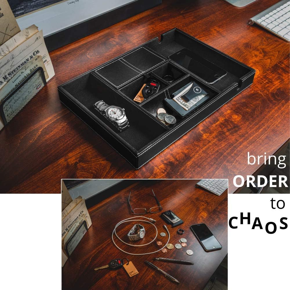 duke trays Valet Tray for Men, Nightstand Organizer, Entry Table Organizer, Catch All Tray, Dresser Organizer, Black Faux Leather Box, 6 Compartments: Home Improvement