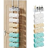 HapiRm Over The Door Towel Rack - 8 Tier Wall Mount Rolled Towel Holder Storage Organizer Shelf with Storage Basket for Small Bathroom, Rv, Camper - White