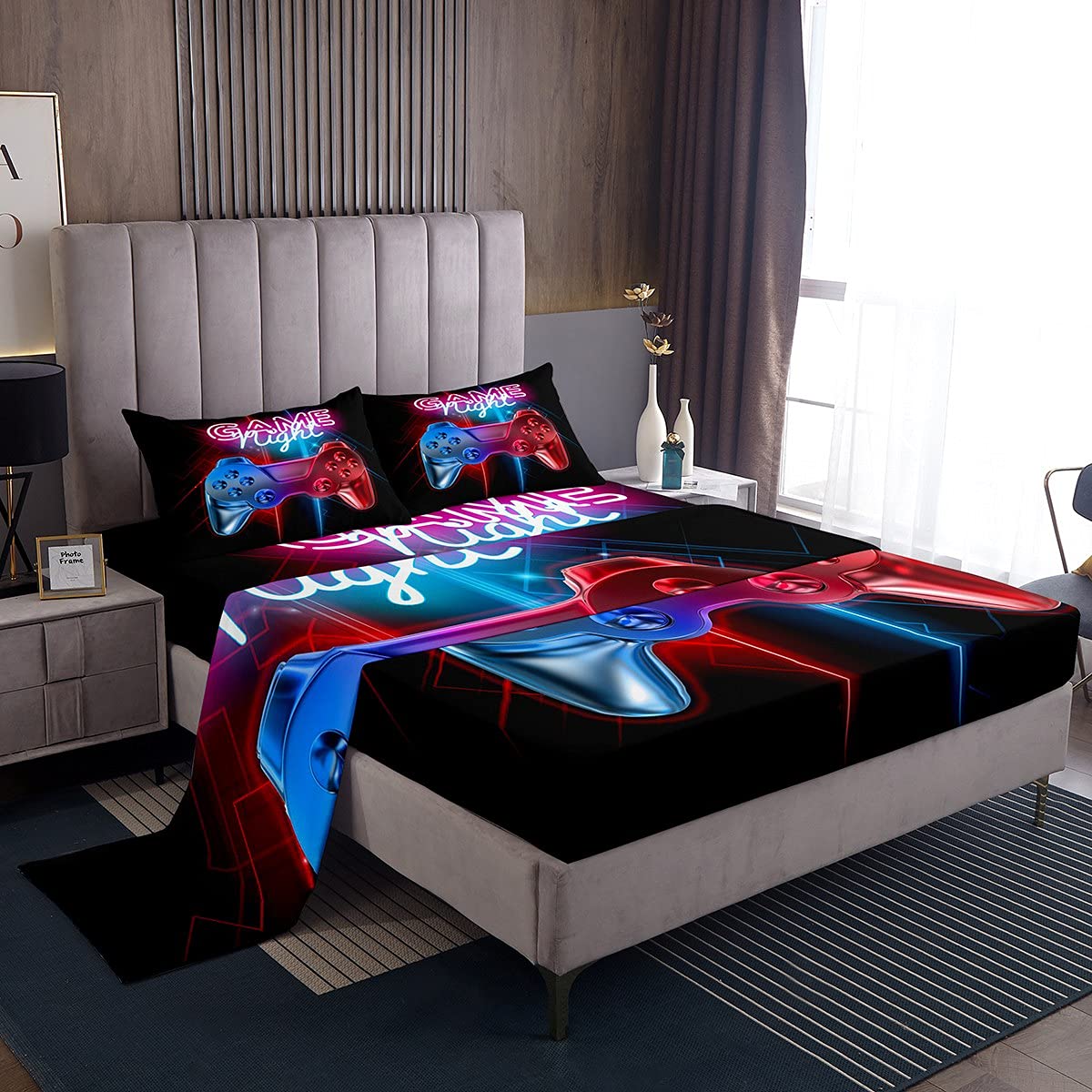Loussiesd Gamer Sheet Set For Kids Double Size Boys Gaming Sheets Modern Video Game Controller Bed Sheet Set Super Soft Blue Red Gamer Console Bed Set, Microfiber, Easy Wash