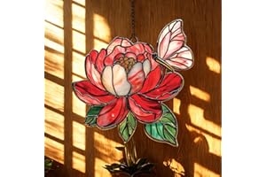 GIKZO Butterfly and Peony Acrylic Suncatcher Stained Glass Effect Window Car Hanging Christmas Ornament Indoor Outdoor Decor Garden Sun Catcher Panel for Flower Lover for Women Mom Grandma