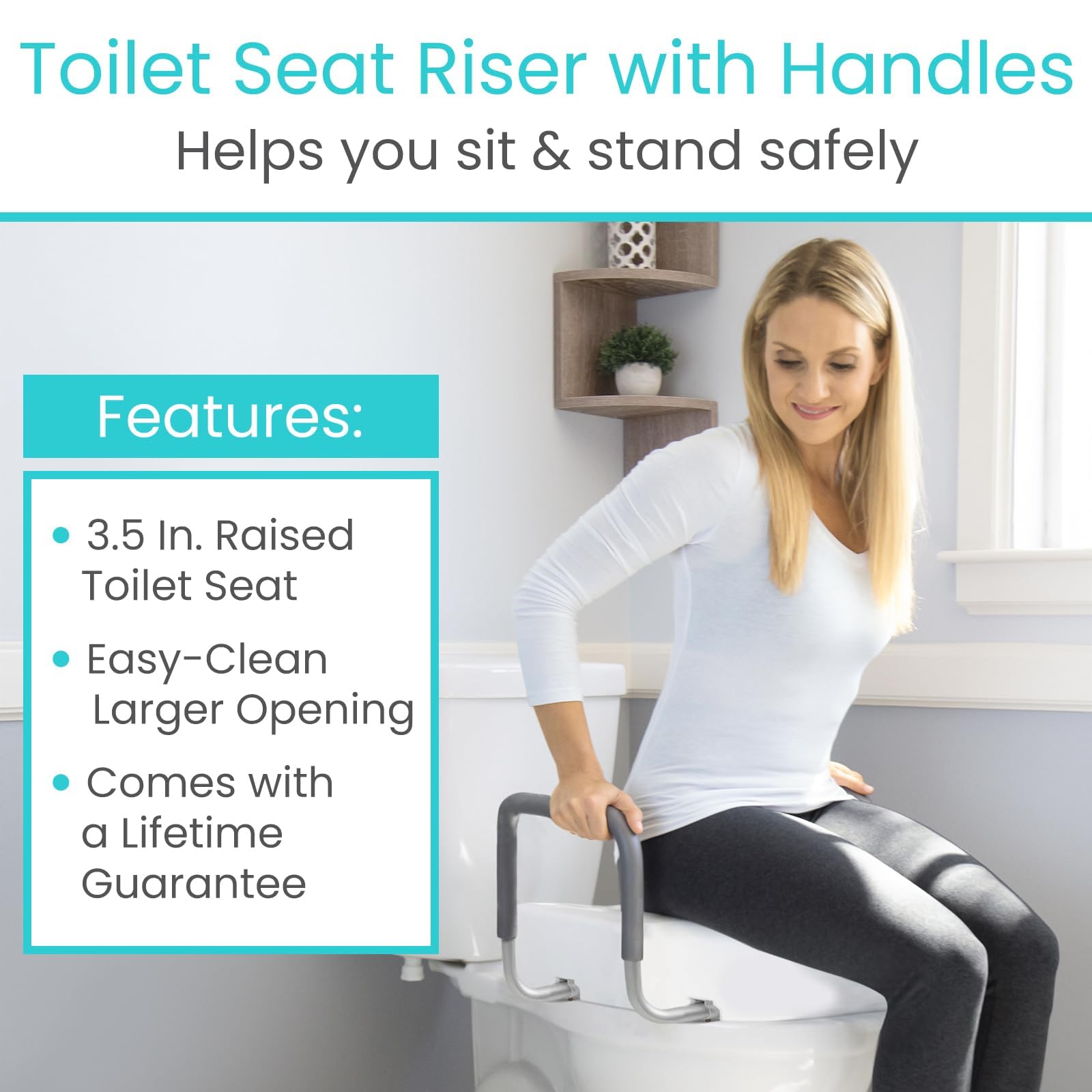Vive Raised Toilet Seat Riser for Seniors (with Handles) - Handicap Rail Grab Bar Seat for Over Toilet - Elevated Safety for Elderly, Disabled, Medical - Standard