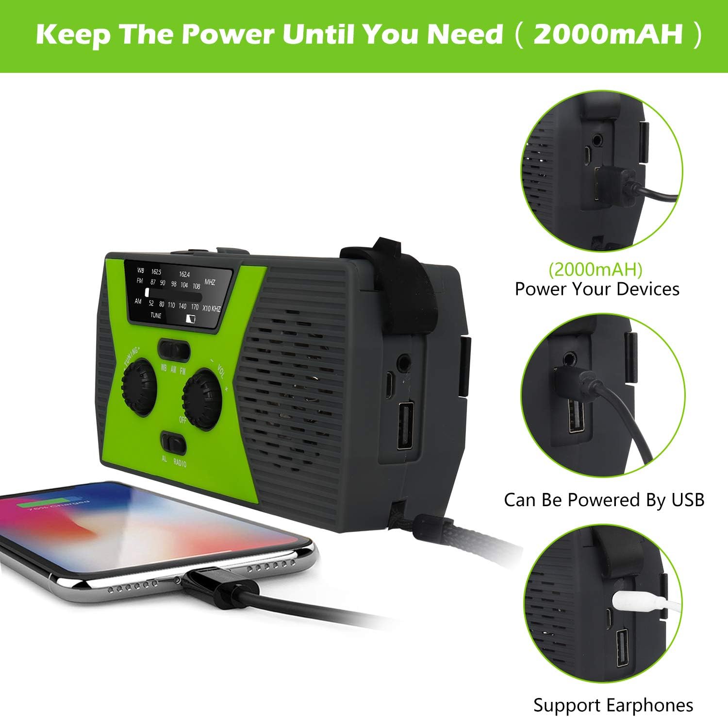 2020 Upgraded Emergency Solar Hand Crank Radio, RegeMoudal Hand Crank AM/FM/NOAA Weather Radio with Flashlight, Reading Lamp, 2000mAh Power Bank,USB Cell Phone Charger and SOS Alarm: Home Audio & Theater