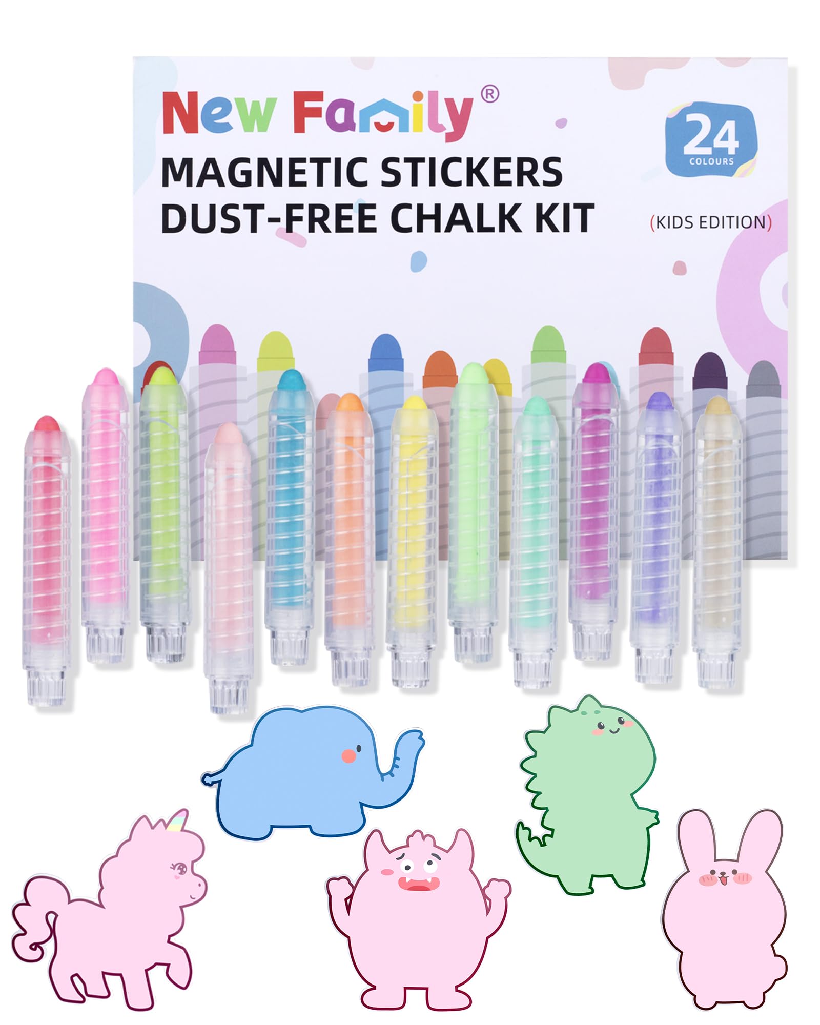 Photo 1 of **PARTIAL SET/MISSING CHALK & STICKERS** NewFamily Kids Art Chalk Set - 24 Color Dustless Chalk with Cute Magnetic Drawing Board, Creative Gift for Boys and Girls