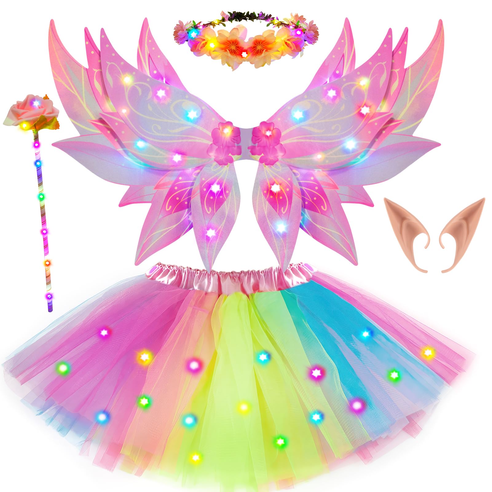 Photo 1 of G.C 6pcs Girls Fairy Wings Costume Kids Toddler Light Up LED Butterfly Wings with Fairy Ears Wand Crown Tutu Halloween Princess Dress Up Gifts (Pink)