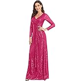 XUIBOL Glitter Sequin Formal Evening Gown Long Sleeve V Neck Wedding Guest Dress for Women