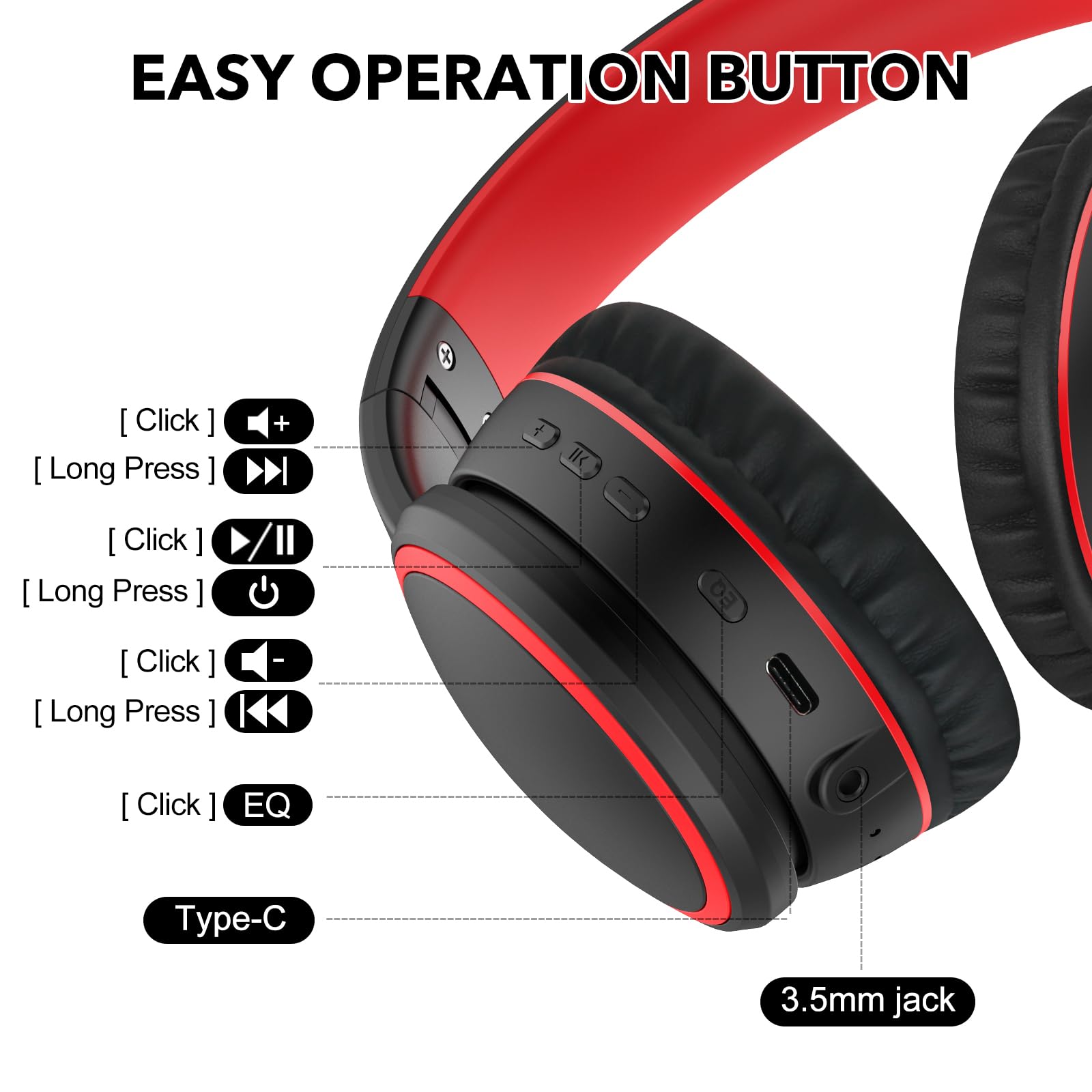 RORSOU B10 Bluetooth Headphones Over Ear, 2 EQ Music Modes(Normal/Bass) and 50H Playtime Wireless Headphones with Mic, Lightweight Folding HiFi Stereo Headset for iPad/Travel/Tablet/PC/Home (Black)