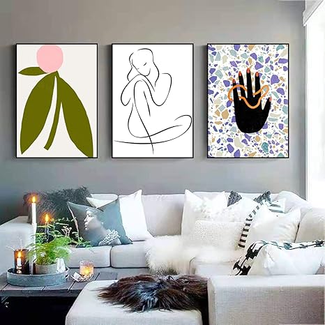 Amazon キャンバス絵画夏の時間現代の抽象的な線装飾的な北欧のリビングルームの文学的なキャラクター女の子の家のプリント60x90cmx3フレームレス ウォールステッカー オンライン通販