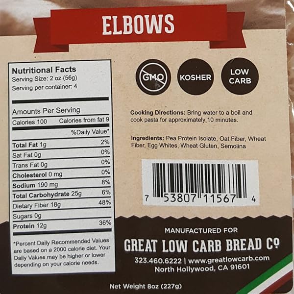 LOW CARB PASTA, GREAT LOW CARB BREAD COMPANY, 8 OZ. (ELBOWS) (ORIGINAL VERSION) (ORIGINAL VERSION)