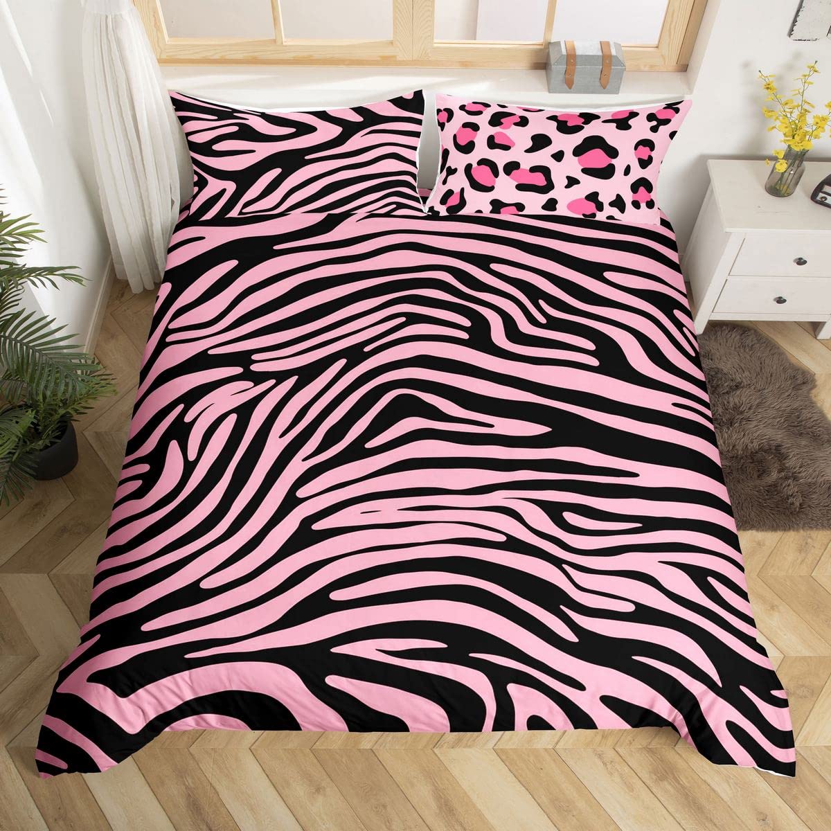 Leopard Bedding Set Zebra Stripes Comforter Cover for Kids Boys Girls Women Safari Wildlife Fur Duvet Cover Pink Black Zoo Animal Skin Texture Bedspread Cover Quilt Cover Double — image 1