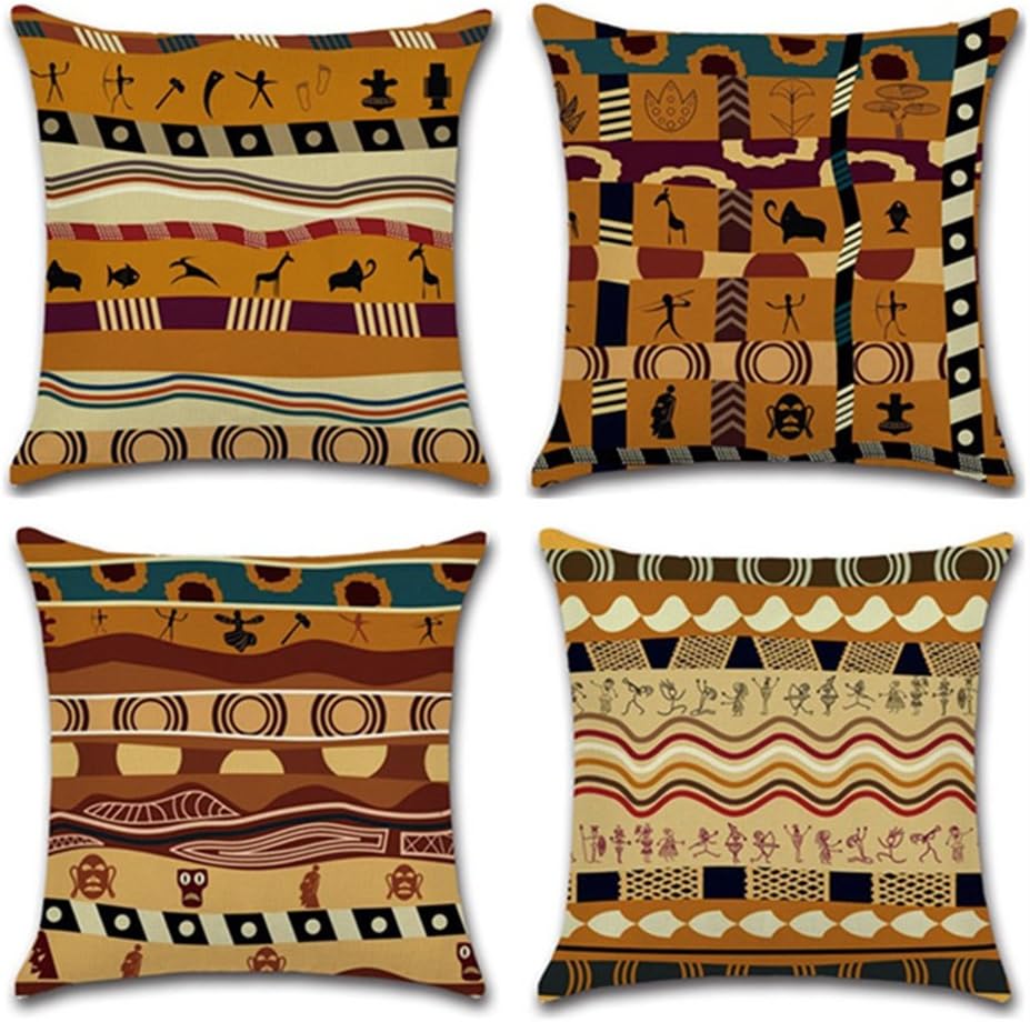 YANGYULU African Pattern Cotton Linen Home Decorative Throw Pillow Case Sofa Cushion Cover 18" x 18" (Set of 4)