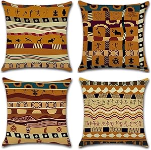 YANGYULU African Pattern Cotton Linen Home Decorative Throw Pillow Case Sofa Cushion Cover 18" x 18" (Set of 4)