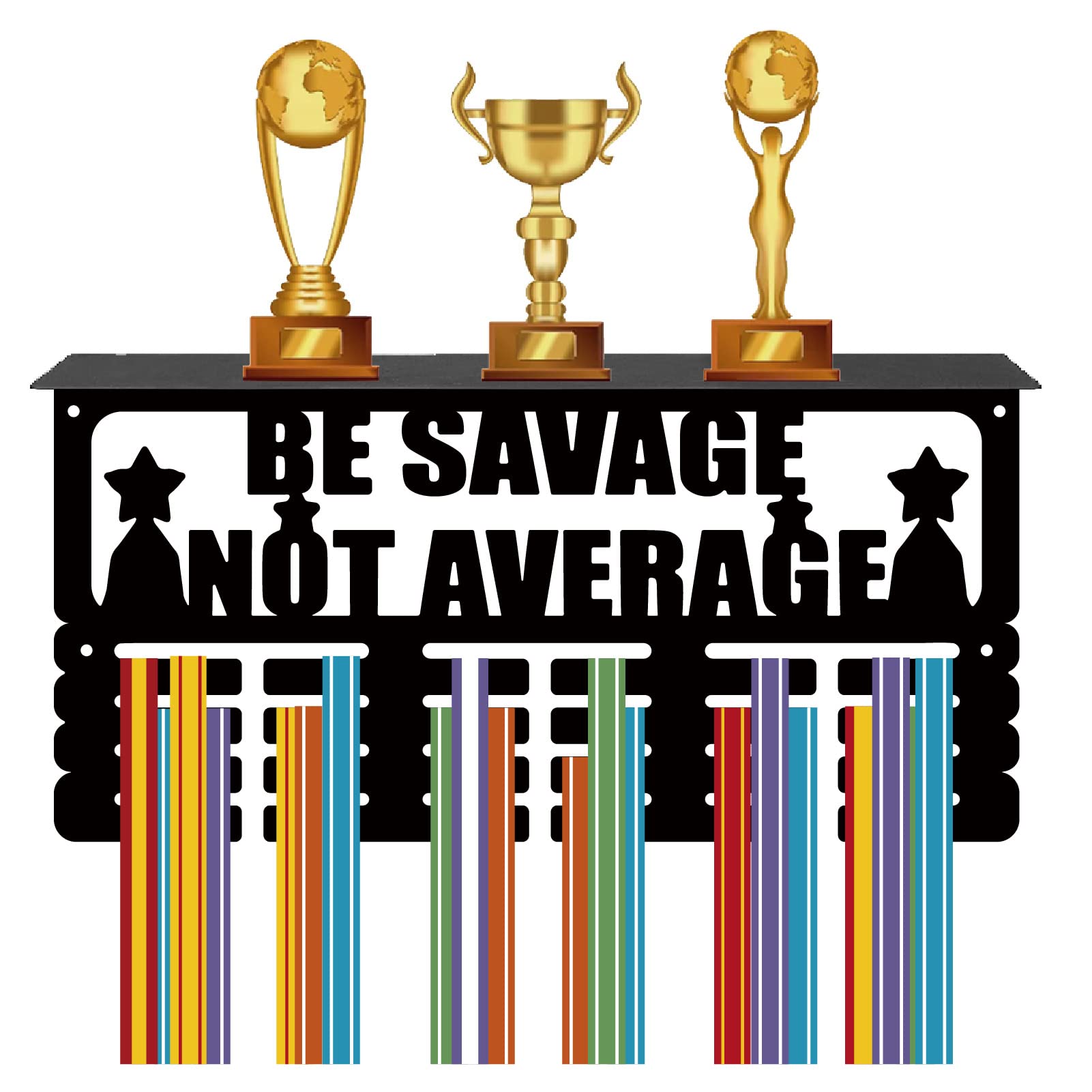 CREATCABIN Medal Trophy Holder Medal Hanger Display with Shelf Stand Sports 4 Rows Wall Mount Hold 70+ Medals for Gymnastics Dance Soccer Running Swimming Awards 15.7 x 7.9 Inch-Be Savage Not Average