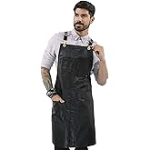 Under NY Sky Cross-Back Black Apron – Golden Hardware, Coated Twill, Leather Reinforcement, Split-Leg – Adjustable for Men, Women, Pro Barber, Tattoo, Hair Stylist, Barista, Bartender, Server Aprons