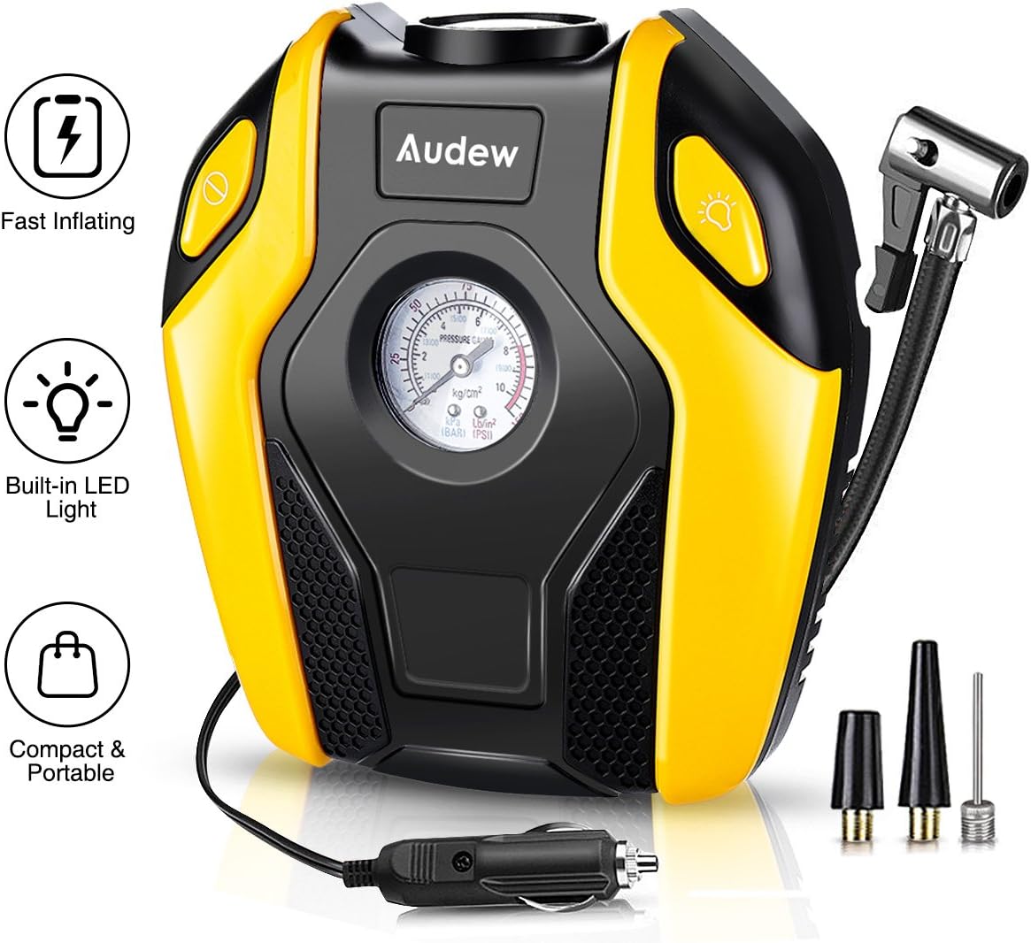 Audew Air Compressor Tire Inflator - DC 12V 150PSI Portable Tire Pump with Emergency LED Light, Auto Shut Off, Quality Air Pump for Car, SUV, Truck, Bicycle, Motorcycle and Other Inflatables