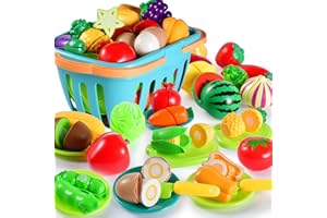 Cecliy 68 PCS Cutting Pretend Play Food Toys, Pretend Play Kitchen Accessories with Basket & Vegetable & Fruit, Educational G
