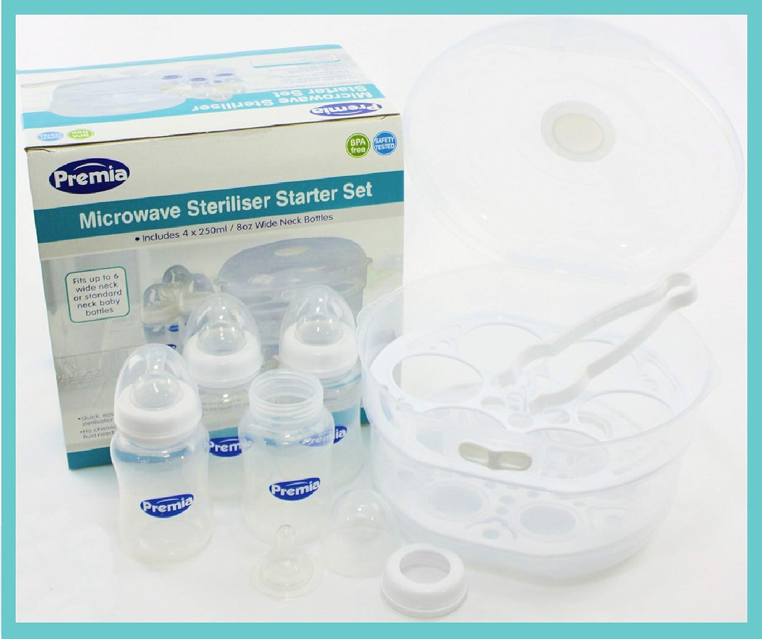Premia Deluxe Microwave Steam Sterilizer Starter Set Includes 4 (8oz/250ml) Wide Neck Baby Bottles, Sterilizing Tongs & 2 Racks -Fits up to 6 Wide Neck or Standard Size Bottles : Baby
