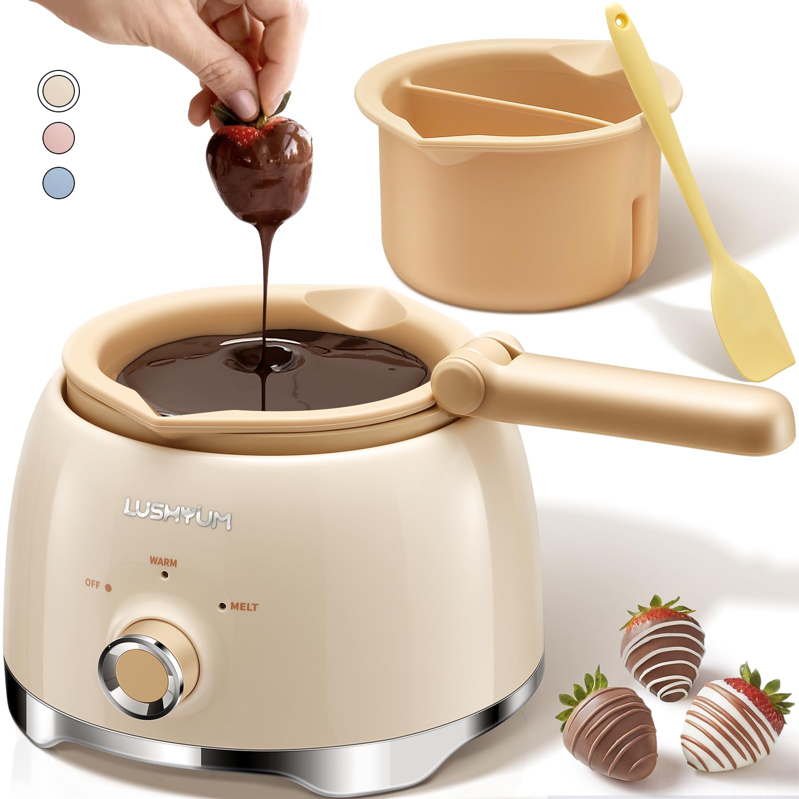 Photo 1 of LUSHYUM Chocolate Melting Pot Candy Melts Melter with 2 Insert Pots and Spatula, 4 Cups Capacity Warmer Machine, Ideal Dipping Tool Kitchen Supplies for Making Cake Pop Covered Strawberries Fondue