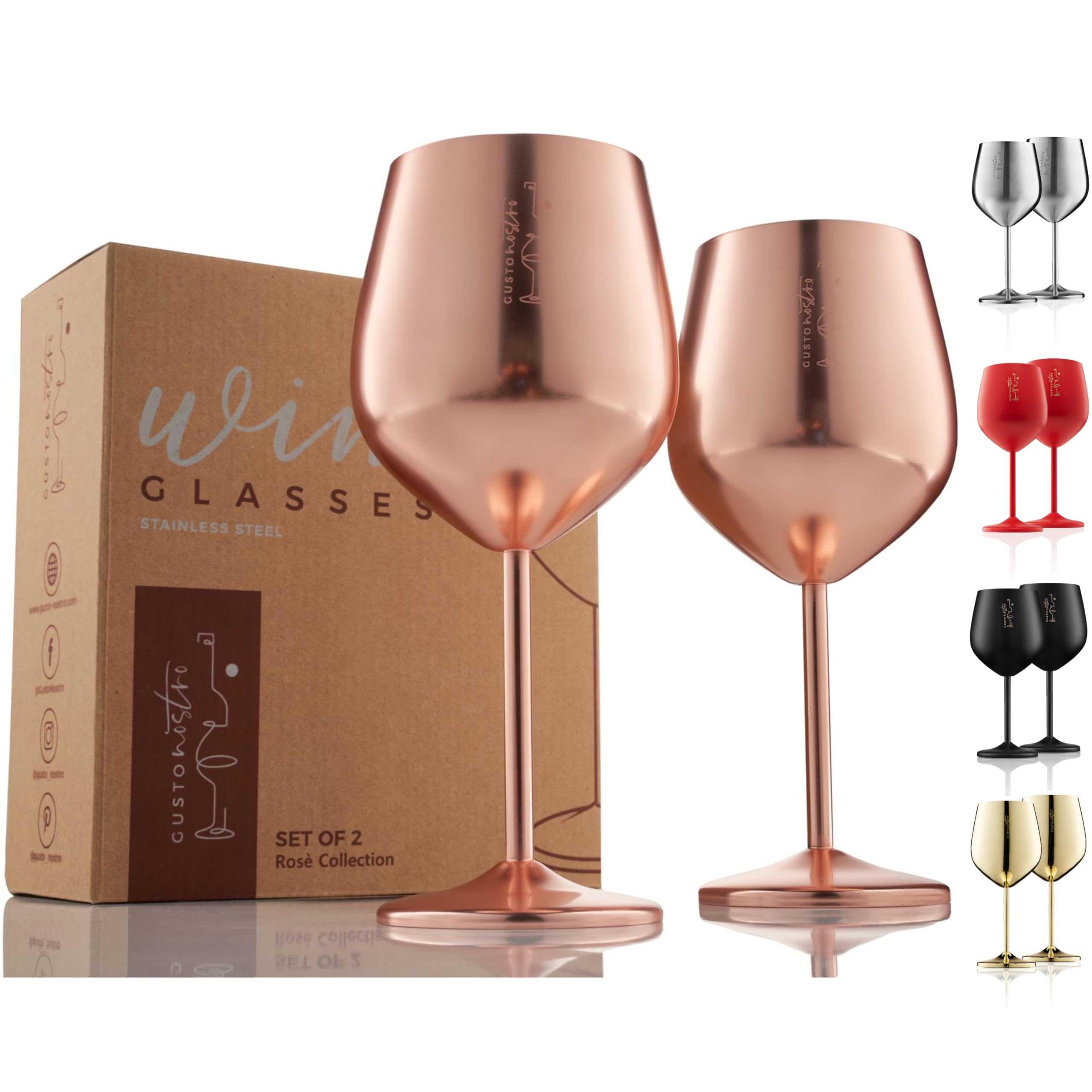 Gusto Nostro Stemmed Stainless Steel Wine Glasses – 18 oz Unbreakable Goblets for Outdoor Pool Party, Anniversary and Wedding Toasting – Elegant Rose Gold
