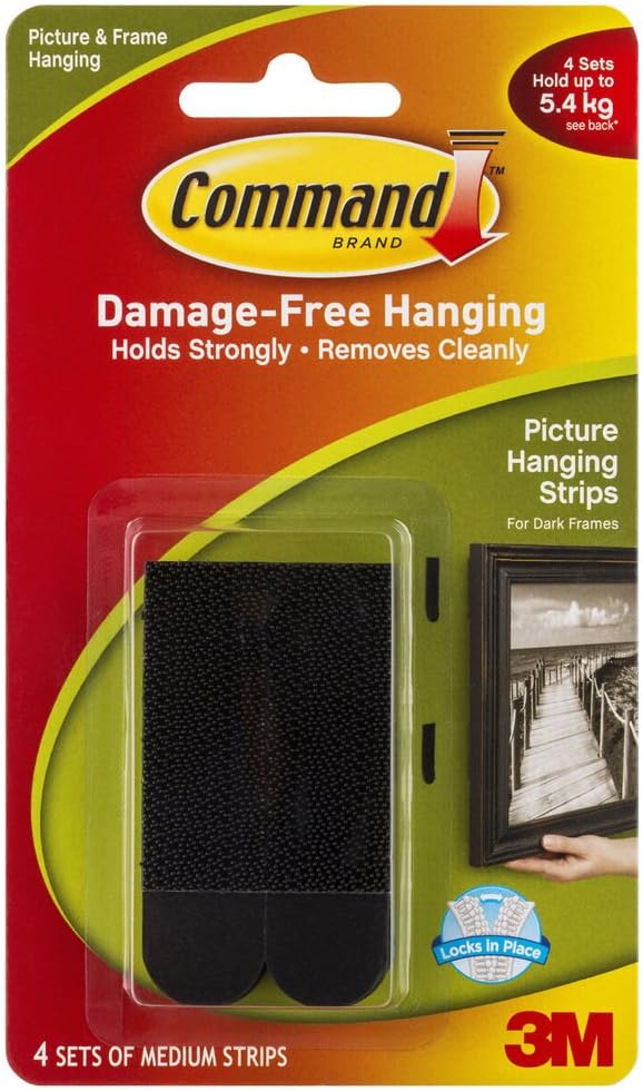 Command Medium Picture Hanging Strip, Holds 5.4 kg, No Drilling, Holds Strong, No Wall Damage (Black, 4 Pairs)
