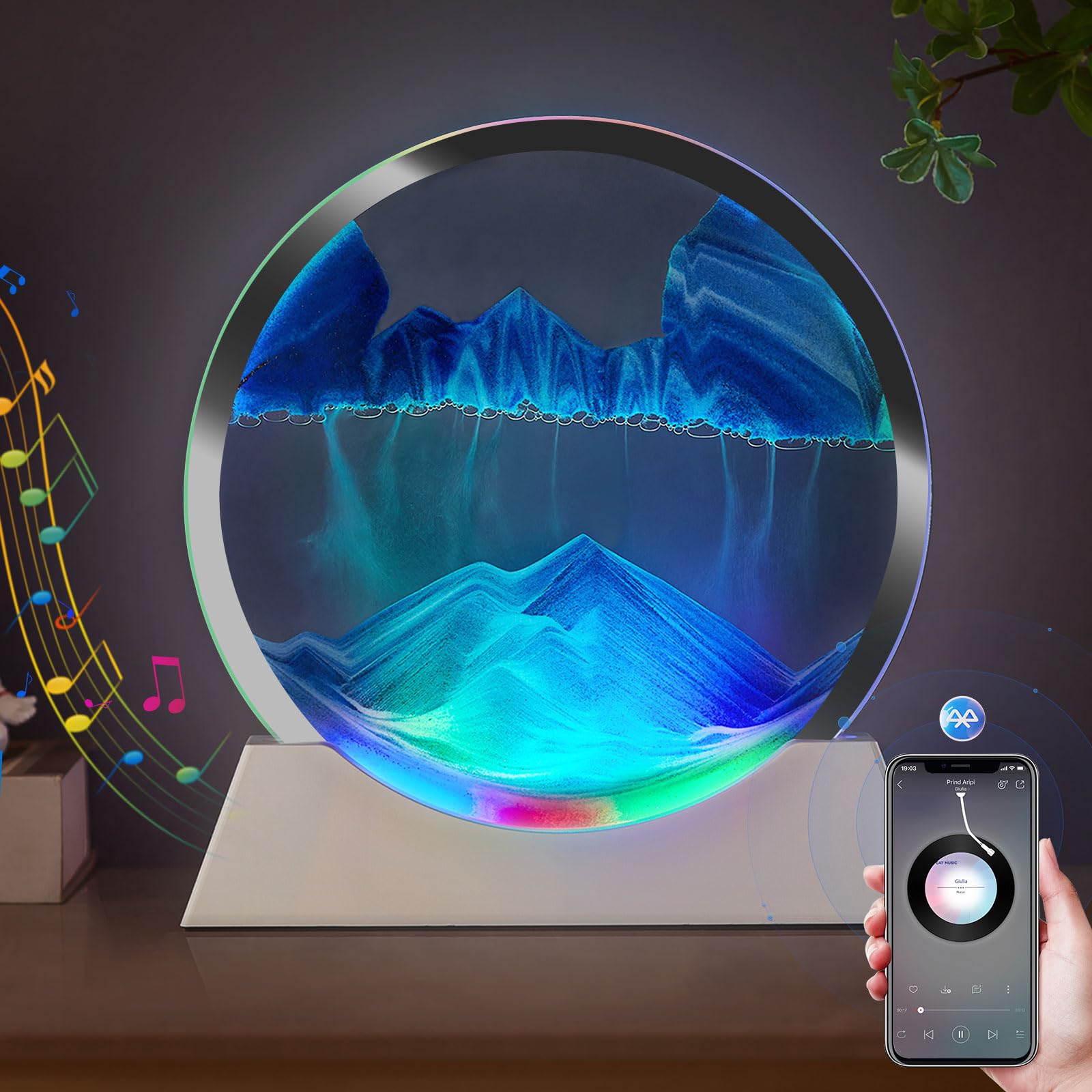 OLYWEI Moving Sand Art Bluetooth Speaker Bedside Dimmable Multi-Color Changing Bedside Lamp, Sand Art Lamp for Home Decor/Relaxation/Party/Music/Gift-Blue