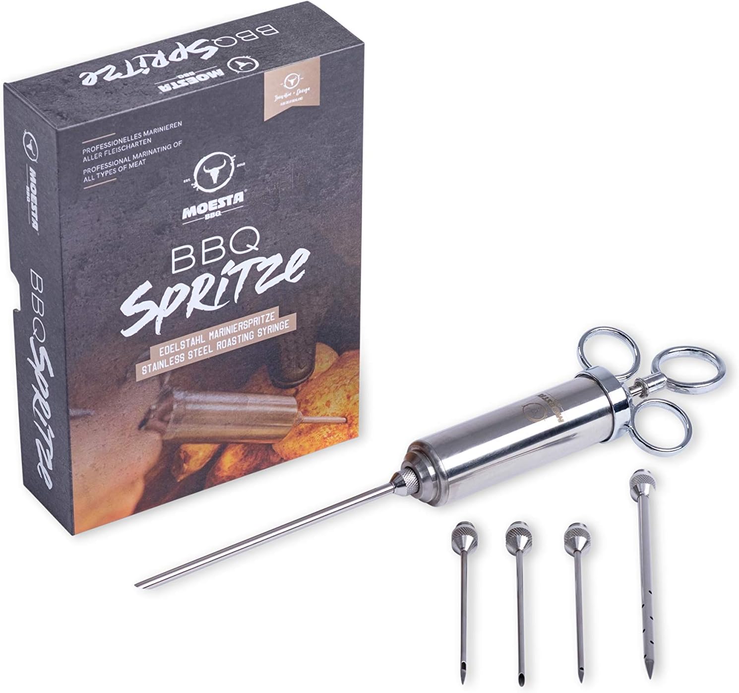 Moesta-BBQ 10396 Spritze No.1 – Edelstahl Bratenspritze inklusive 5 Nadeln für alle Anwendungen - Edelstahl Marinadenspritze