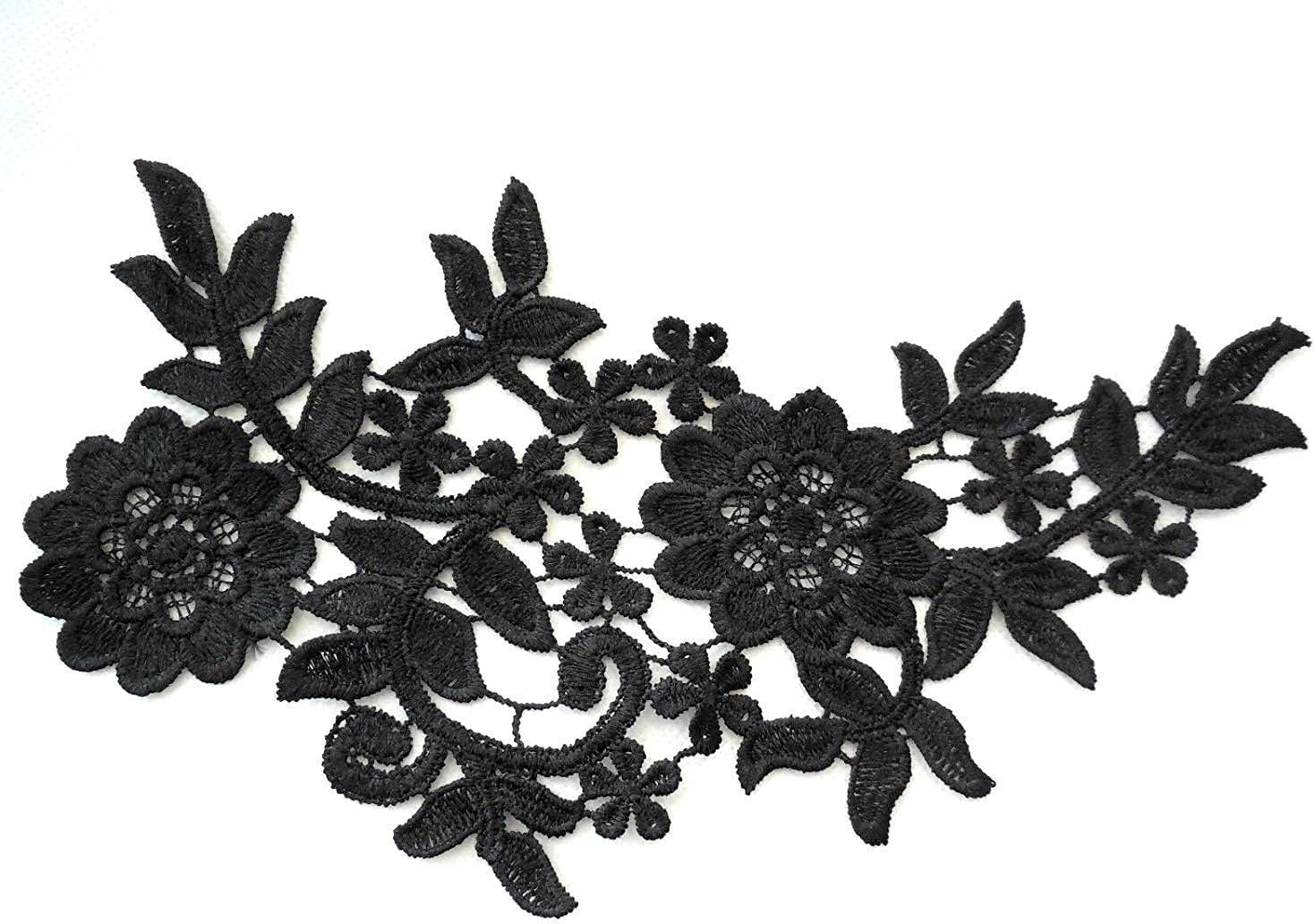 2 Pieces X Black Floral sew on lace Applique for Dress Sewing sew on Black Flower lace Motif Applique Patch (M41b)