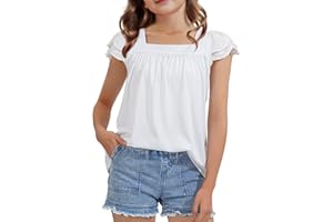 KEREDA Girls Short Sleeve Shirts Summer Tunic Tops Lace Openwork Ruffled Girls Cute Square Neck Clothes Blouse 5-14 Years