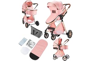 REENBORN 2 in 1 Baby Stroller, Convertible Pram, Reversible Standard Stroller, Portable Baby Buggy, Infant Carriage, Foldable High Landscape Pushchair for Toddler Newborn (225 Pink)
