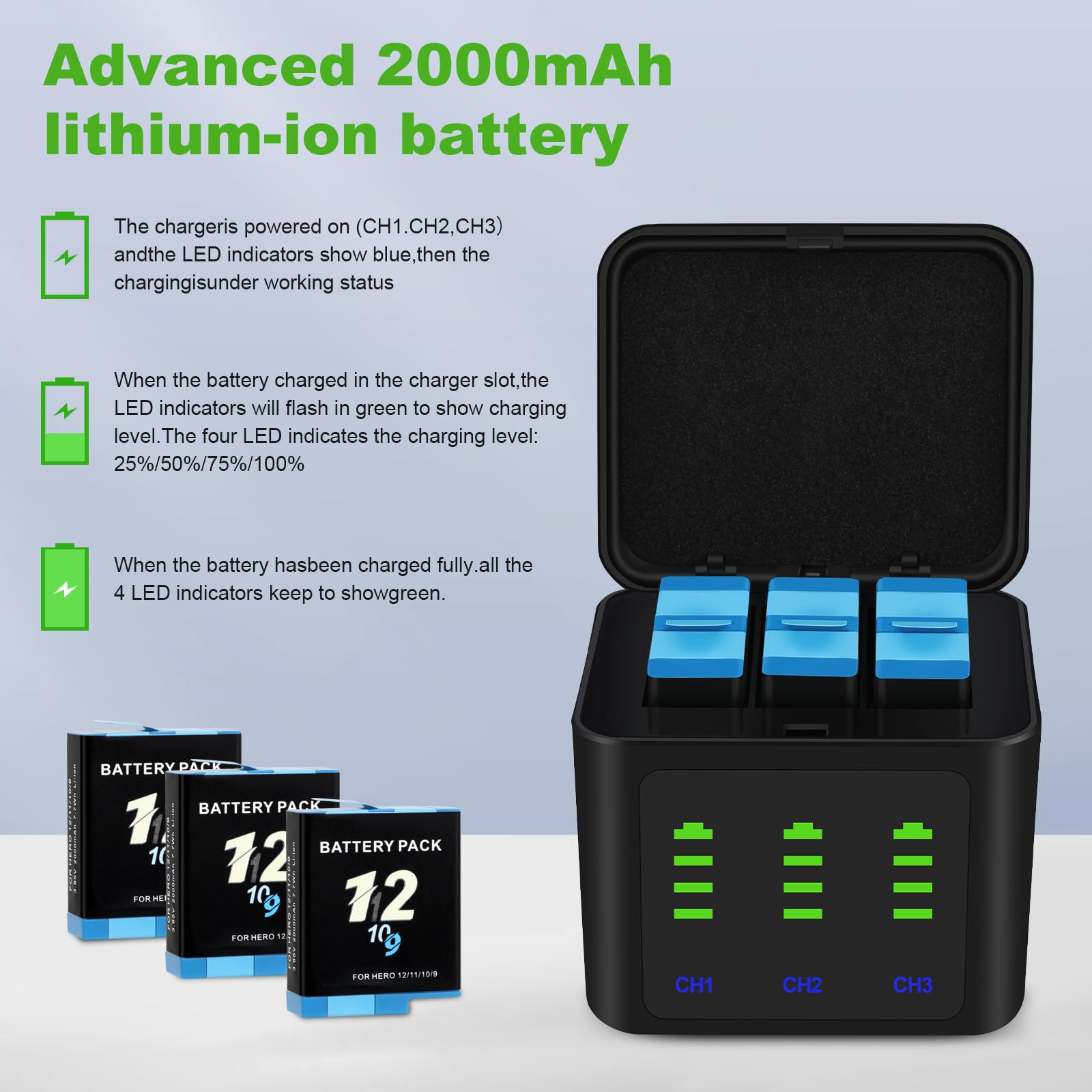 Battery Charger Kits for GoPro Hero 12 11 10 9 Black, 3-Pack 2000mAh Replacement Batteries + Triple Charge Case with Type-C Charging Cord for Go Pro 12 11 10 9 Official Batteries Accessories
