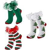 MKYSZLT Christmas Socks with Lace Ruffle for Women 3 Pairs Cute Cotton Ruffled Striped Xmas Socks Frilly Novelty Crew Sock Funny Holiday Gifts Stuffers for Girls