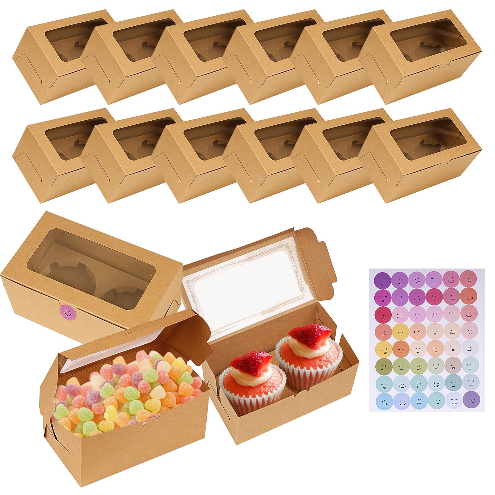 JETOP 16 Packs Kraft Cupcake Boxes 2 Holes, Small Cake Boxes with Window and Insert, Bakery Pastry Packaging Boxes for Muffin Treat Brownie Cake Sweet Bakery Cookie Biscuit Dessert Candy Gifts