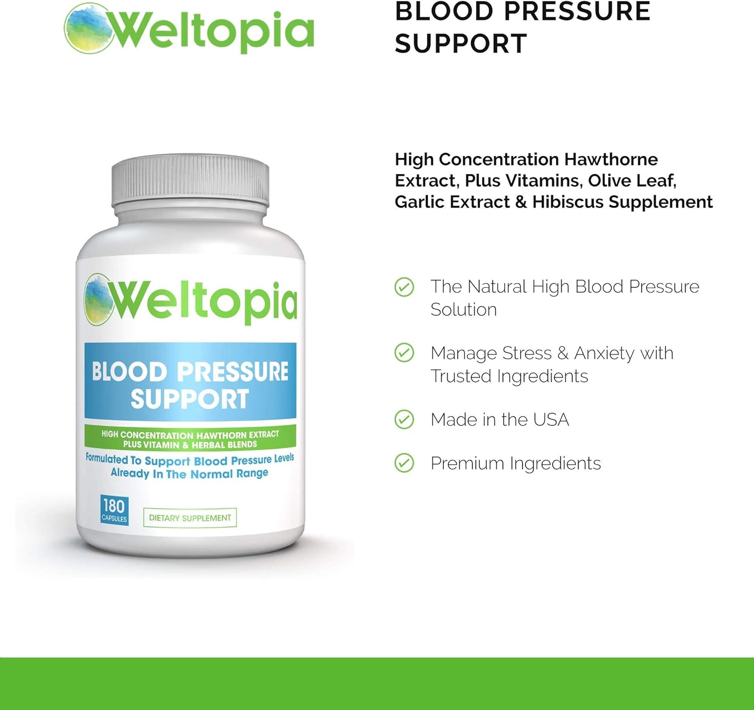 Weltopia - Advanced Blood Pressure Support - 180 Caps - High Concentration Hawthorne Extract, Plus Vitamins, Olive Leaf, Garlic Extract & Hibiscus Supplement: Health & Personal Care