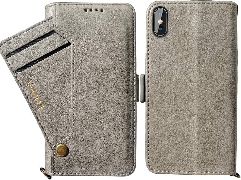 KelaSip Phone Case iPhone Xs Max Leather Flip Cover Case Wallet with Credit Card Slot Foldable Stand with Loose-Leaf Wallet Magnetic Off, Grey