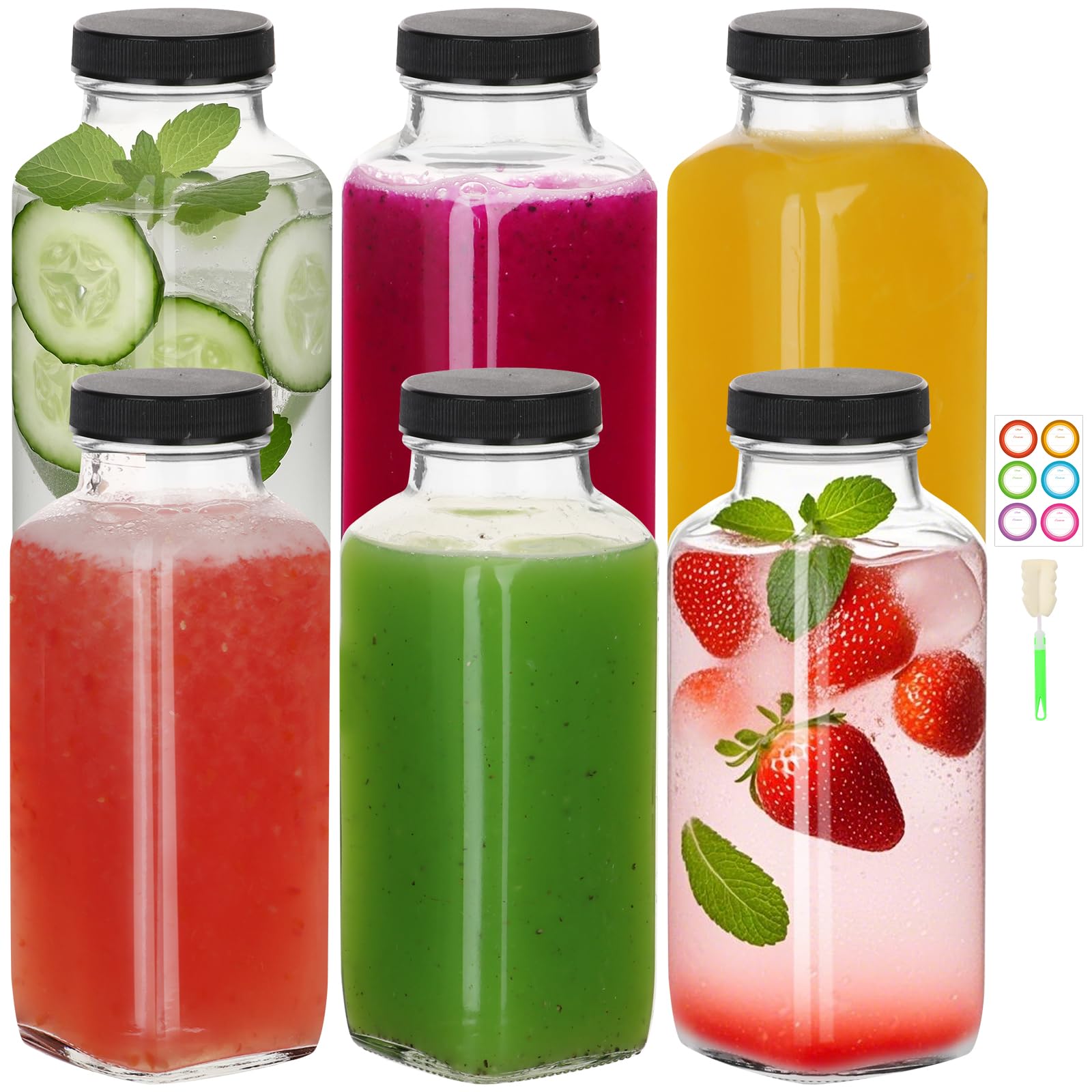 Photo 1 of BIGIVACA 8 oz Glass Juice Bottles with Lids,6 PACK Bottles for Juicing,Square Drinking Jars Glass for Coffee,Cola,Milk,Tea in Travel,Work,School