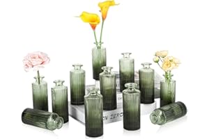 UPBUD Glass Bud Vases Set of 12, Mini Ribbed Flower Vases for Centerpieces, Small Glass Vases in Bulk for Wedding Decorations, Vintage Vases for Table, Housewarming Gift, Christmas Home Décor (Green)