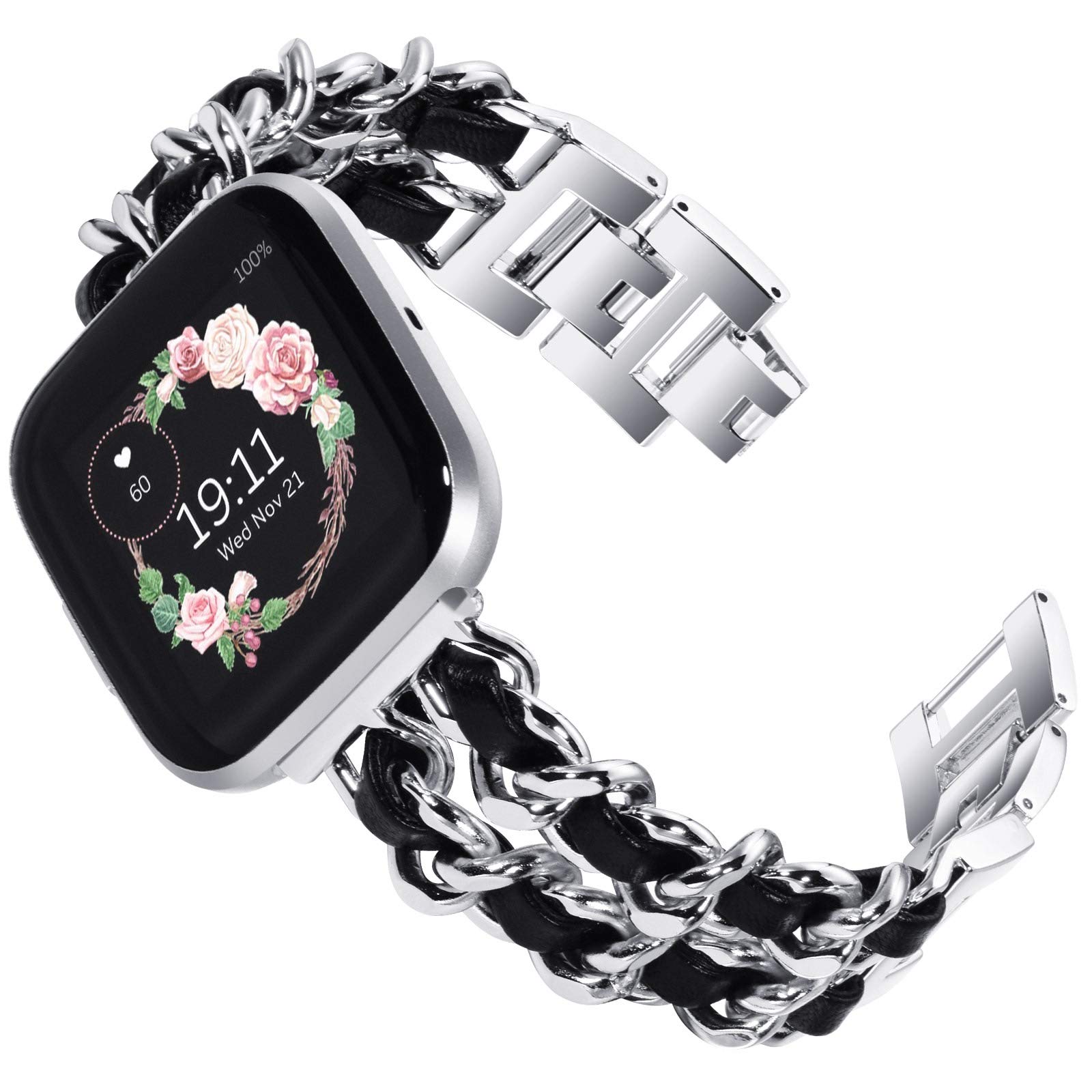 KADES Compatible with Fitbit Versa 2 strap, Women Bracelet Stainless Steel Replacement band with Quick Release Pin for FitbitVersa Lite Edition Men Women, Silver/Black