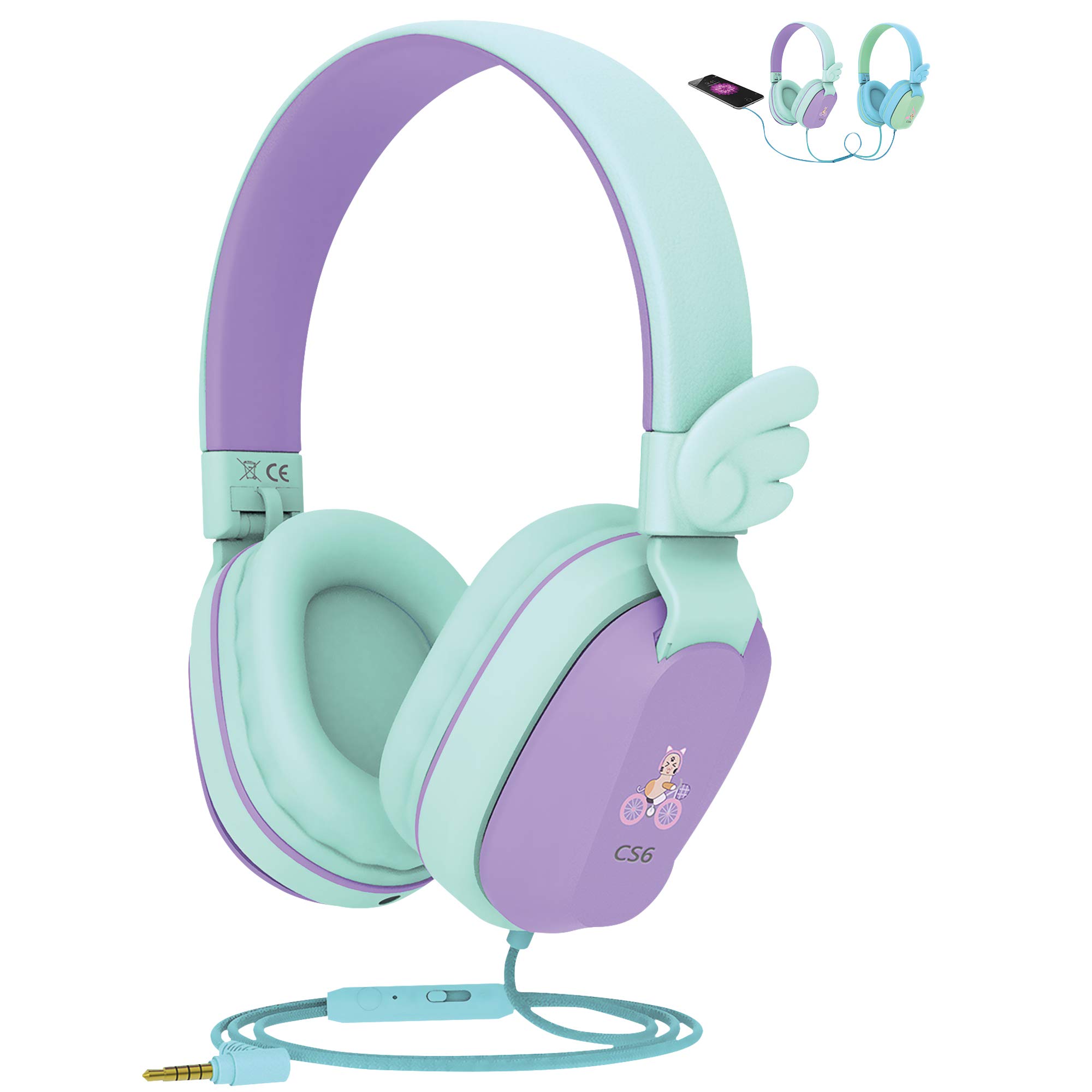 Riwbox Kids Headphones wired, CS6 Lightweight Foldable Stereo Headphones Over Ear Corded Headset Sharing Function with Mic and Volume Control for Phone/PC/Kindle/Tablet (Purple&Green)