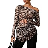 WDIRARA Women's Maternity Shirts Leopard Off The Shoulder Tops Long Sleeve Pregnancy Tee Shirts