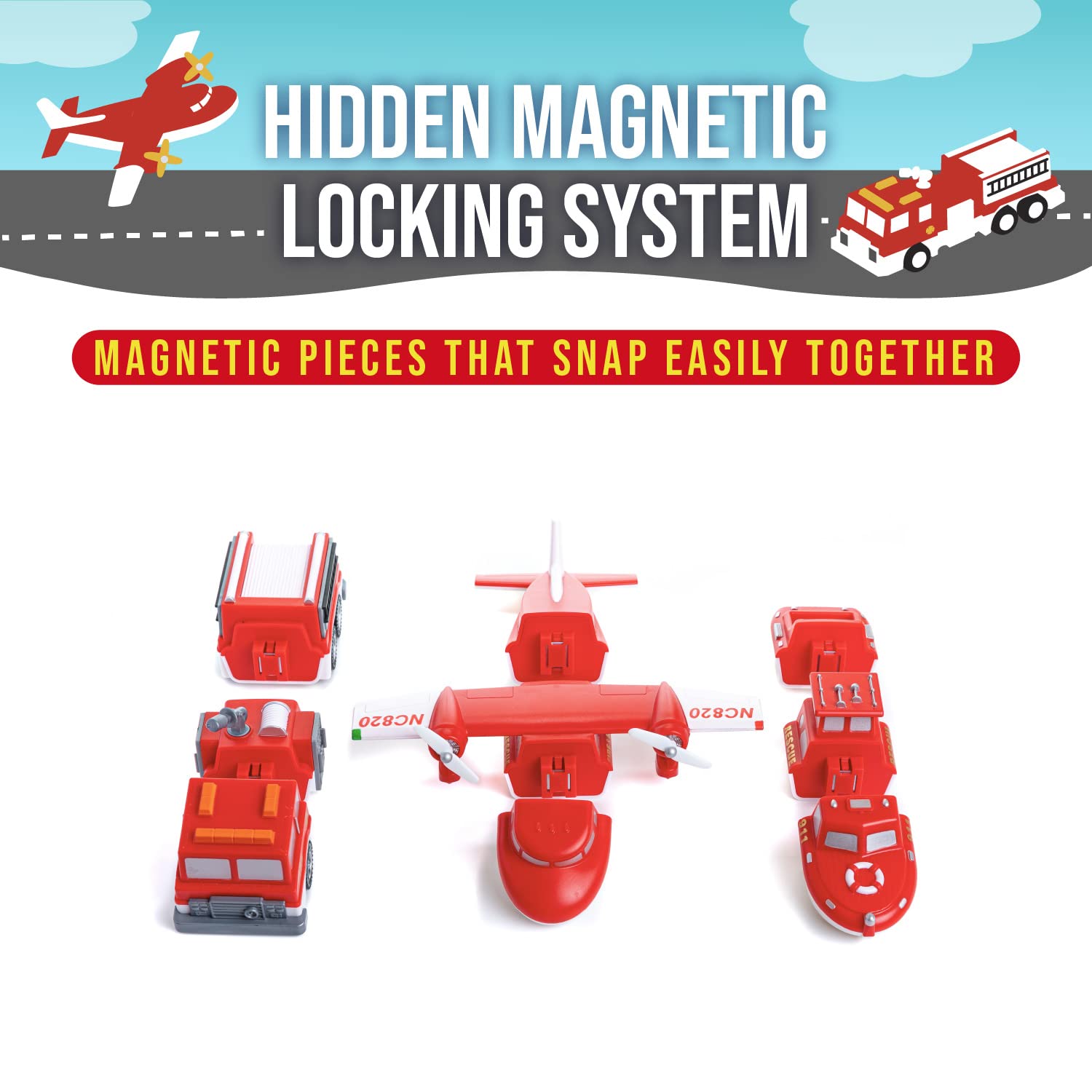 Popular PLAYTHINGS Magnetic Mix or Match® Vehicles, Fire & Rescue, Red and White
