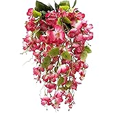JOJAZE 2 Pcs Fake Hibiscus Flowers for Outdoors Artificial Hanging Plants Realistic UV Resistant Silk Faux Hibiscus Flowers Trailing Vines Pink for Outside Porch Yard Decor