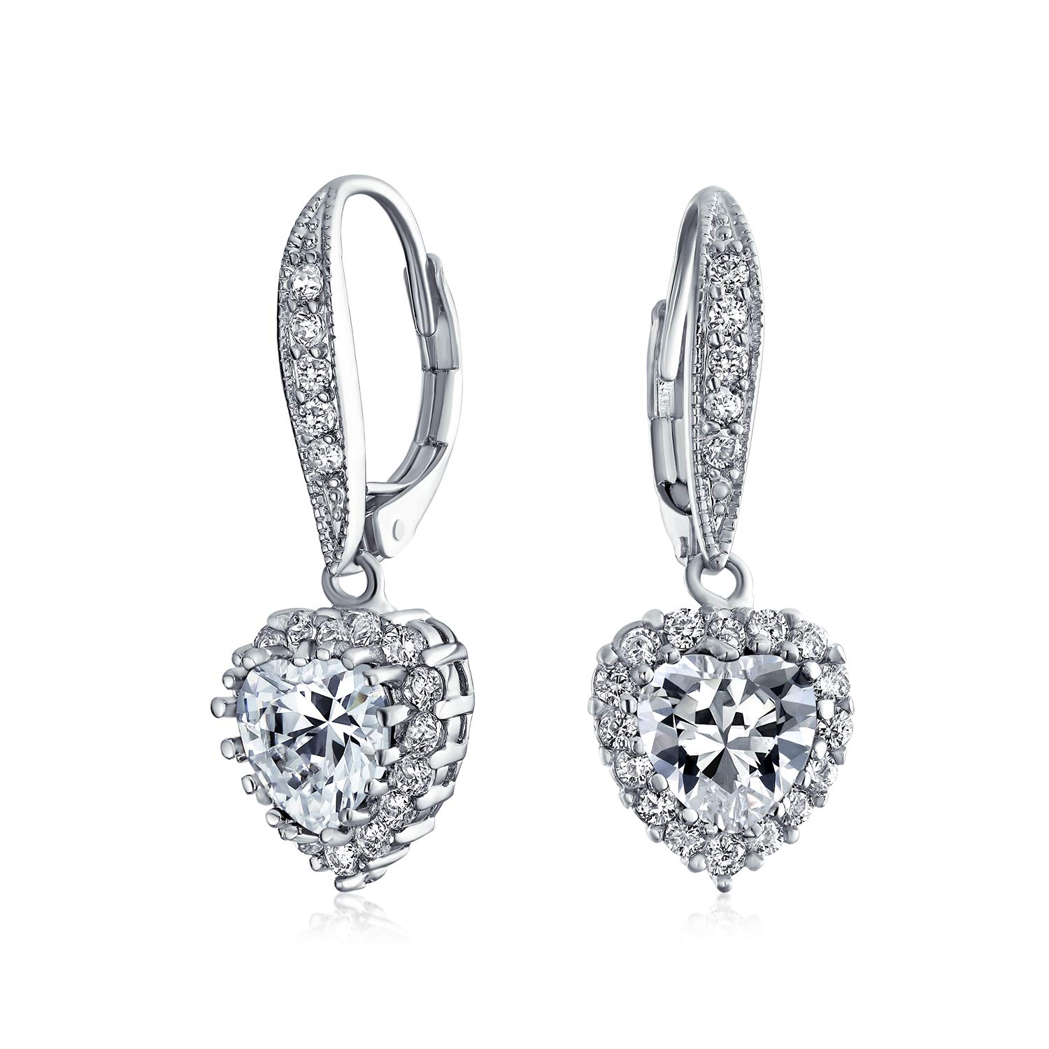 Bridal Anniversary Wedding Romantic 4CT AAA CZ Halo Heart Shaped Cubic Zirconia Dangle Lever back Earrings For Women Girlfriend Invisible Cut Rhodium Plated