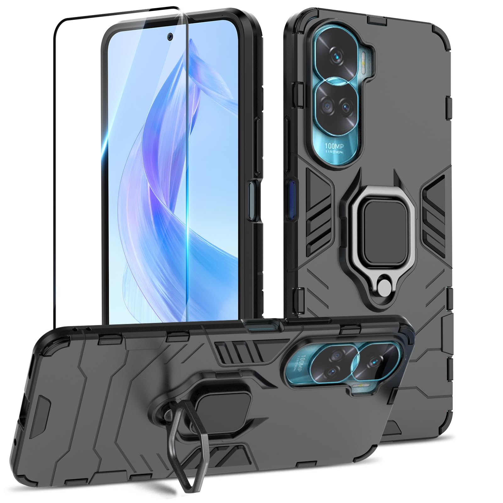 Btstring Honor 90 Lite/Honor x50i Case with Tempered Glass, Military Grade Shockproof Protective Case Cover with Metal Ring Stand, Black — image 1