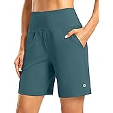 Women's Athletic Shorts with Zipper Pocket 7" High Waisted Stretchy Bermuda Shorts for Women Workout Running Casual