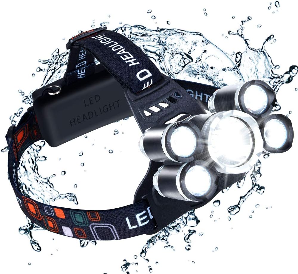 Headlamp, 5 LED Head Flashlight, 18650 USB Rechargeable Head Lamp, LED Headlight for Work Waterproof, Adjustable Headlamps for Adults, Hard Hat Light for Camping, Running, Fishing - - 