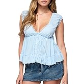 Women Y2K Ruffled Hem Shirt Cap Sleeve Deep V Neck Button Front Peplum Tank Top Summer Solid Color Lace Trim Vest