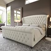 AMERLIFE Queen Size Upholstered Sleigh Bed Frame with Wingback Headboard | Platform Bed with Curved Headboard &amp; Footboard, Handmade Deep Button Tufted, Wood Slats, No Box Spring Needed, Cream Chenille