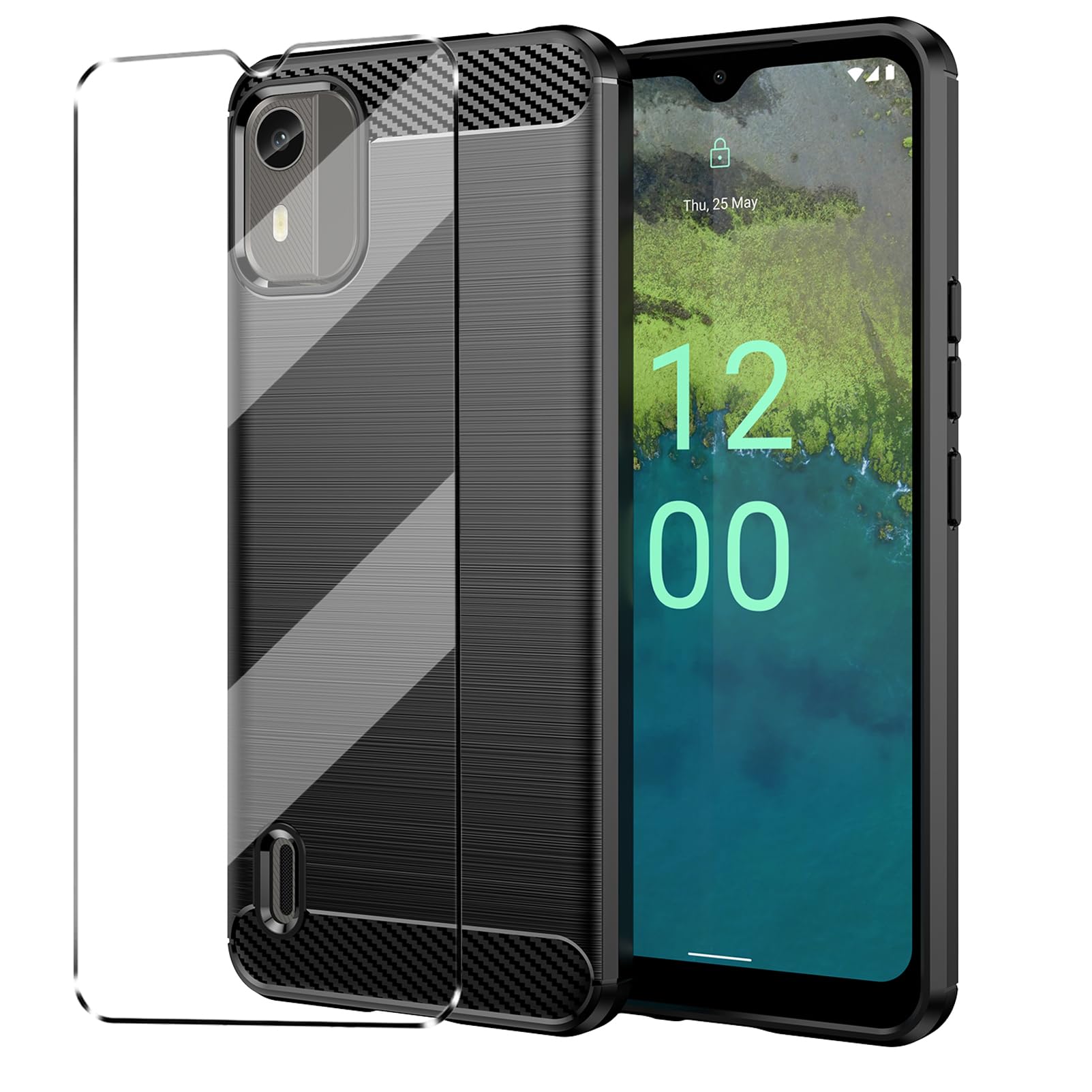 Case Compatible with NOKIA C12 Cover with 1 Pack Tempered Glass Screen Protector for NOKIA C12, Slim Fit Soft TPU Shockproof Anti-Scratch Phone Case Cover - Black