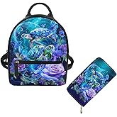 Showudesigns Sea Turtle Backpack Purse and Wallet Set for Women Mini Backpacks Leather Shoulder Bag Flower Zipper Daypack Travel Accessories 2 Pack Teenager Purse Tote Bags Handbag