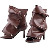 FancyQueen Open Toe Ankle Boots, Black Stiletto High Heels Slouchy Summer Boots Fold Over Slouch Shark Peep Toe Booties for Office Party, Snap-off Panel, Pointed Toe